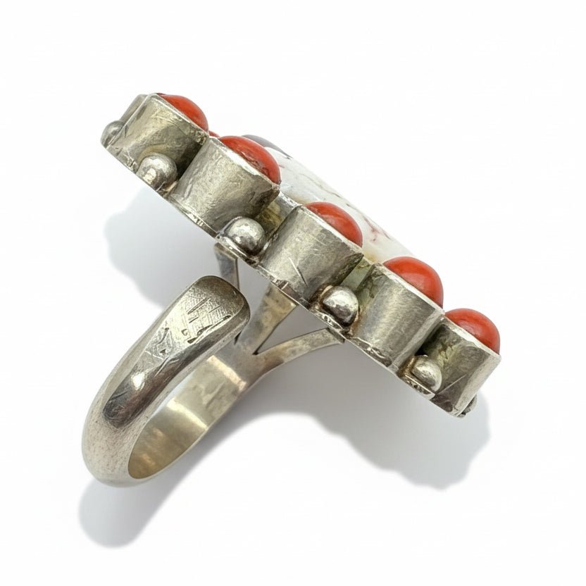 Cluster Ring With Wild Horse Oval & Coral Bezel, Adjustable by Peterson Johnson - Turquoise Mustang