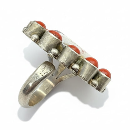 Cluster Ring With Wild Horse Oval & Coral Bezel, Adjustable by Peterson Johnson - Turquoise Mustang