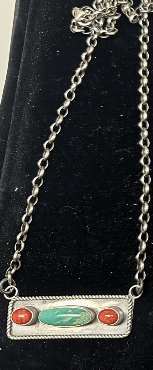 Three-Stone Bar Necklace with Spiny Oyster or Kingman Turquoise by Soccoro, Navajo - Turquoise Mustang