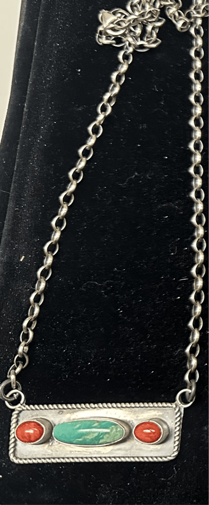 Three-Stone Bar Necklace with Spiny Oyster or Kingman Turquoise by Soccoro, Navajo - Turquoise Mustang