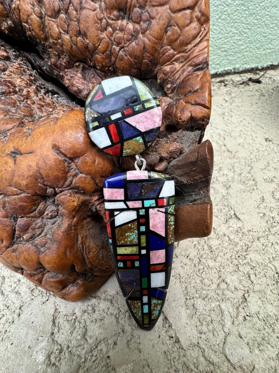 Mondrian - Inspired Drop Pendant with Inlay Mosaic by Chris Nieto, Santa Domingo Pueblo - Turquoise Mustang