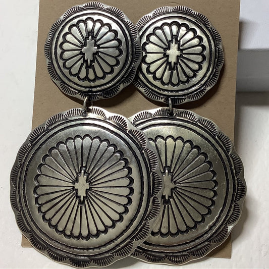 Earring. Double Round Concho, Stamped, center Zia, Leander Tahe - Turquoise Mustang