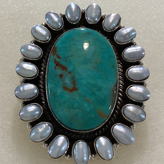 Ring, Turquoise, Oval with Oval Pearl Bezel, DD - Turquoise Mustang