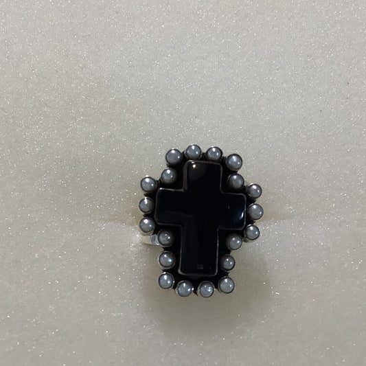 Ring, Onyx, Onyx Cross with Rd. Pearl Bezel, DD - Turquoise Mustang