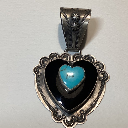 Pendant, Heart, Medium Onyx Cab w/ Small Turquoise Heart center stacked, DD - Turquoise Mustang