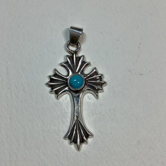 Pendant, Sm. Bright Silver Cross w SB Tq round"K" - Turquoise Mustang