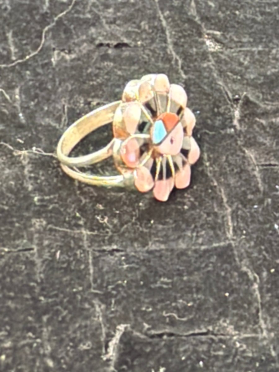 Zuni Sunface Multi - Stone Inlay Sterling Silver Ring, Size 7 Romero Vacit - Turquoise Mustang
