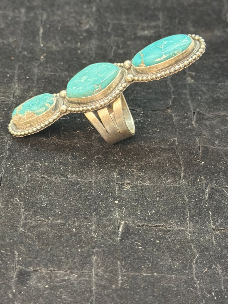 Large 3 - Stone Freeform Turquoise Ring, Size 10.5 by Danny Henio - Turquoise Mustang