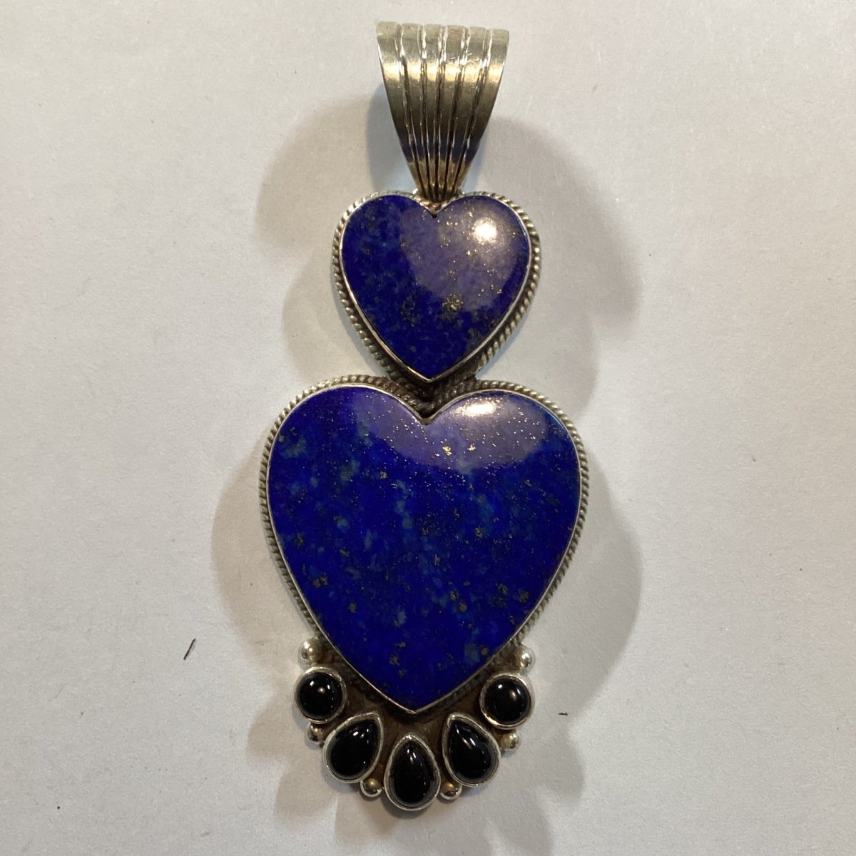 Pendant, Heart, Medium Lapis Heart Cab w/ Small Heart stacked vertically, 5 Onyx, DD - Turquoise Mustang
