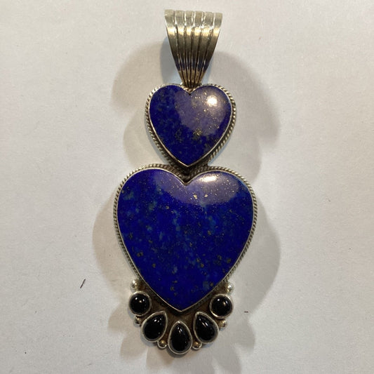 Pendant, Heart, Medium Lapis Heart Cab w/ Small Heart stacked vertically, 5 Onyx, DD - Turquoise Mustang