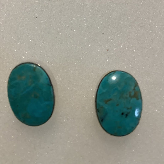 Earrings, Lapis Cab, Oval, plain bez, hooks, DD - Turquoise Mustang