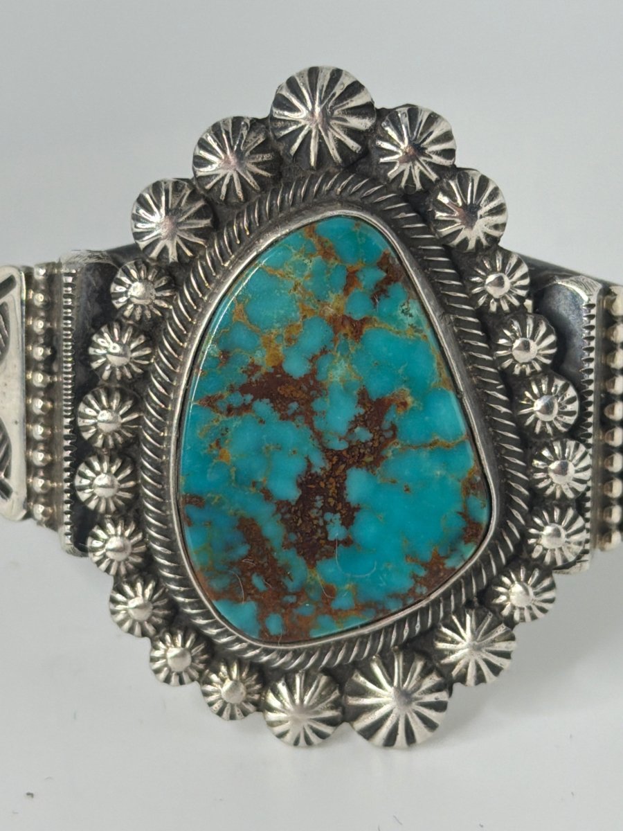 Refined Stamp and Overlay Cuff with Freeform Pilot Mountain Turquoise, Leon Martinez - Turquoise Mustang