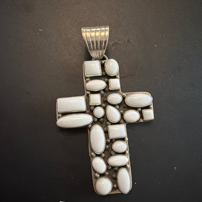 The Peony Cluster Cross Pendant in White Jade, Dan Dodson - Turquoise Mustang