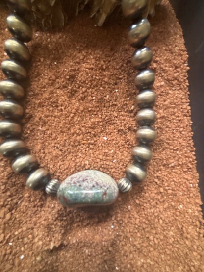 16" d 10mm Silver Pearl Necklace with Ruby in Fucisite Nugget - Turquoise Mustang