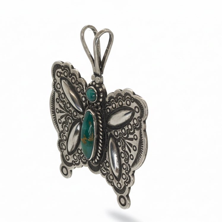 Royston Turquoise Butterfly Pendant / Pin, Sterling Silver, HS Hallmark - Turquoise Mustang