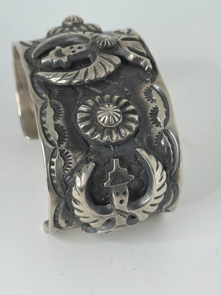 Knifewing Kachina Mega Sterling Silver Dimensional Cuff Bracelet, Chimney Butte, Juan G. - Turquoise Mustang