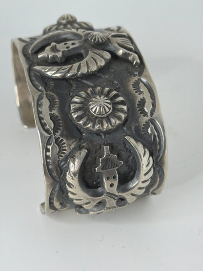Knifewing Kachina Mega Sterling Silver Dimensional Cuff Bracelet, Chimney Butte, Juan G. - Turquoise Mustang