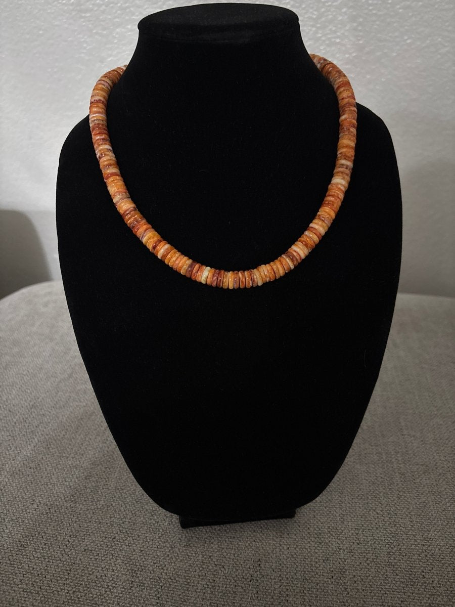 18” Orange Spiny Oyster Rondelle & Heishi Necklace with Silver Pearl Accents - Turquoise Mustang