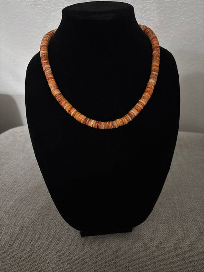 18” Orange Spiny Oyster Rondelle & Heishi Necklace with Silver Pearl Accents - Turquoise Mustang
