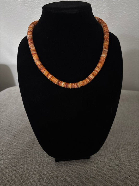18” Orange Spiny Oyster Rondelle & Heishi Necklace with Silver Pearl Accents - Turquoise Mustang