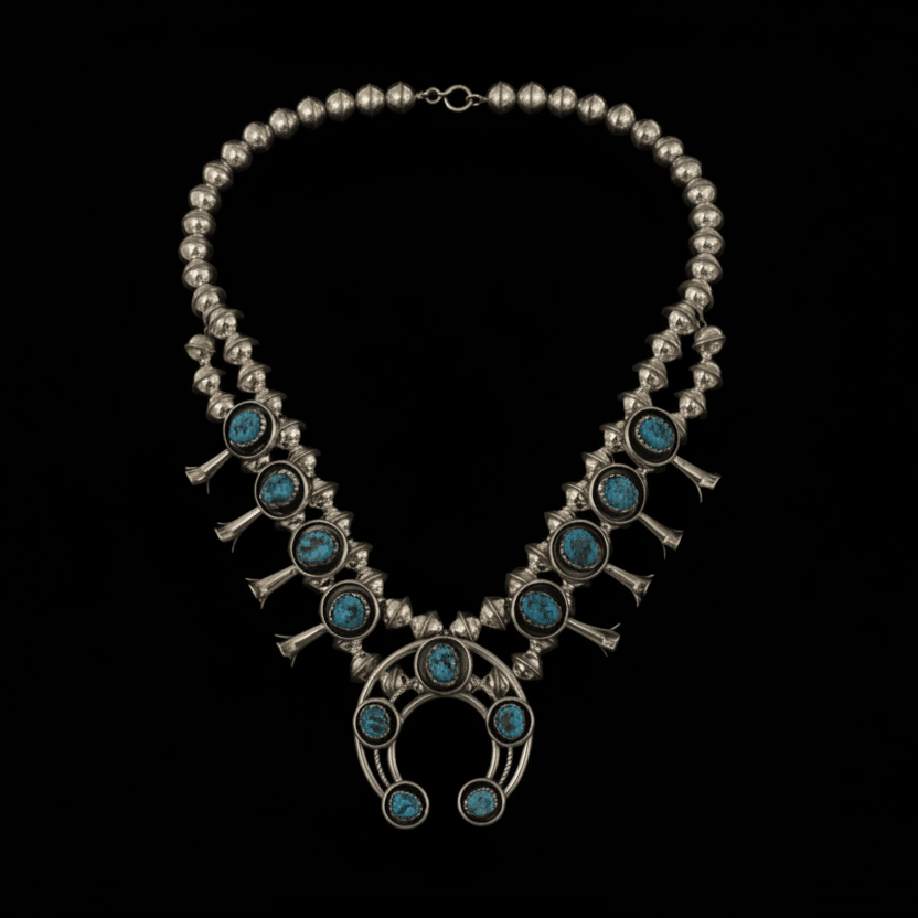 Petite Turquoise Squash Blossom Necklace Set by Lenora Grace - Turquoise Mustang