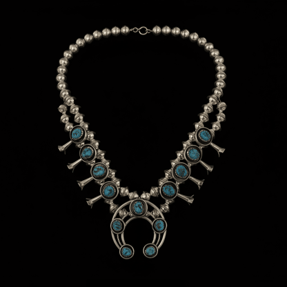 Petite Turquoise Squash Blossom Necklace Set by Lenora Grace - Turquoise Mustang