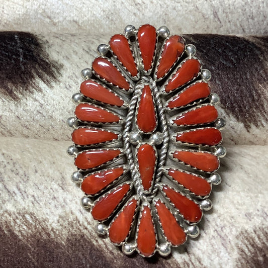 Ring, Convex Oval Cluster Red Coral, 2 stone center, Rope Bezel, Kevin Willie - Turquoise Mustang