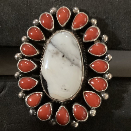 Ring, Lapis, Oval White Buffalo cluster, 16 Coral Pears bezel, Geneva - Turquoise Mustang