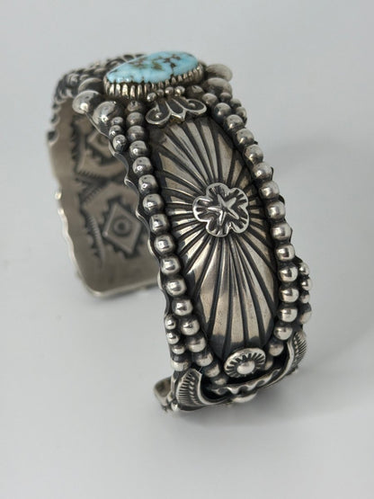 Dry Creek Turquoise Oval Cuff Bracelet with Heavy Stampwork & Overlay, Darryl Gordon - Turquoise Mustang
