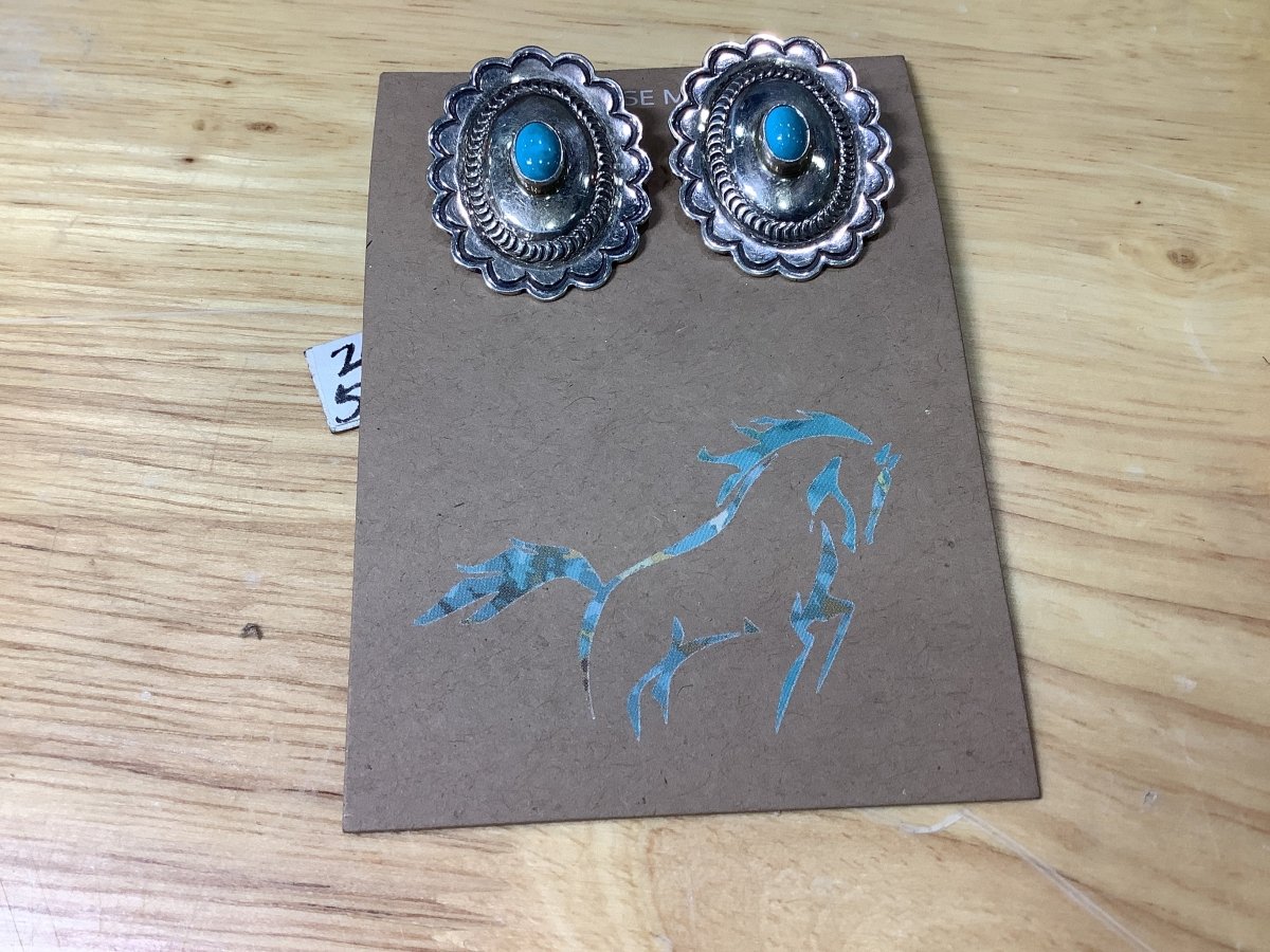 Earring, small. Concho with Turquoise Center. SB, CLIP - on. Unknown Zuni (1) (1) (1) - Turquoise Mustang