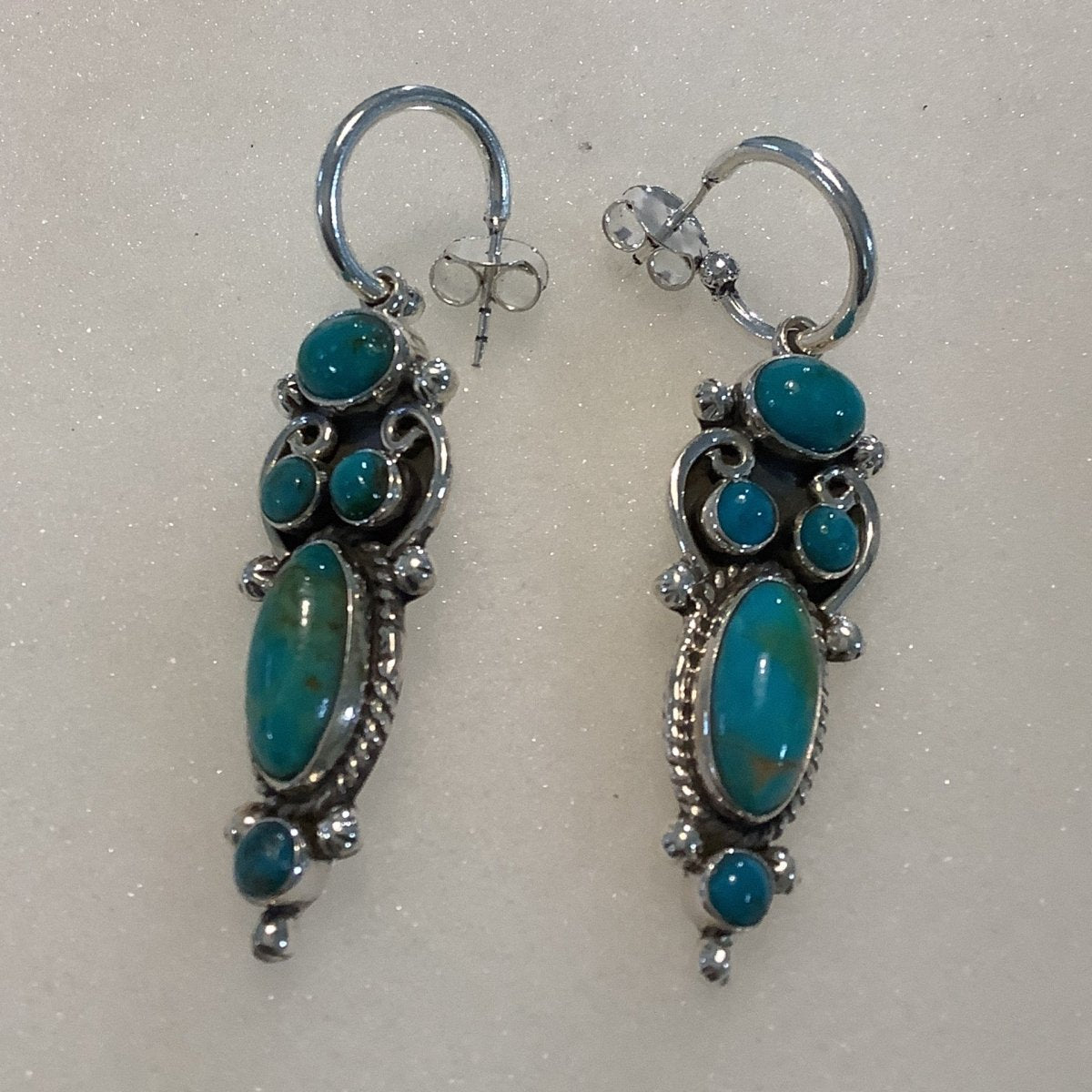 Earrings, Turquoise, Huggy hoops with oval 5 stone drops, DD (1) - Turquoise Mustang