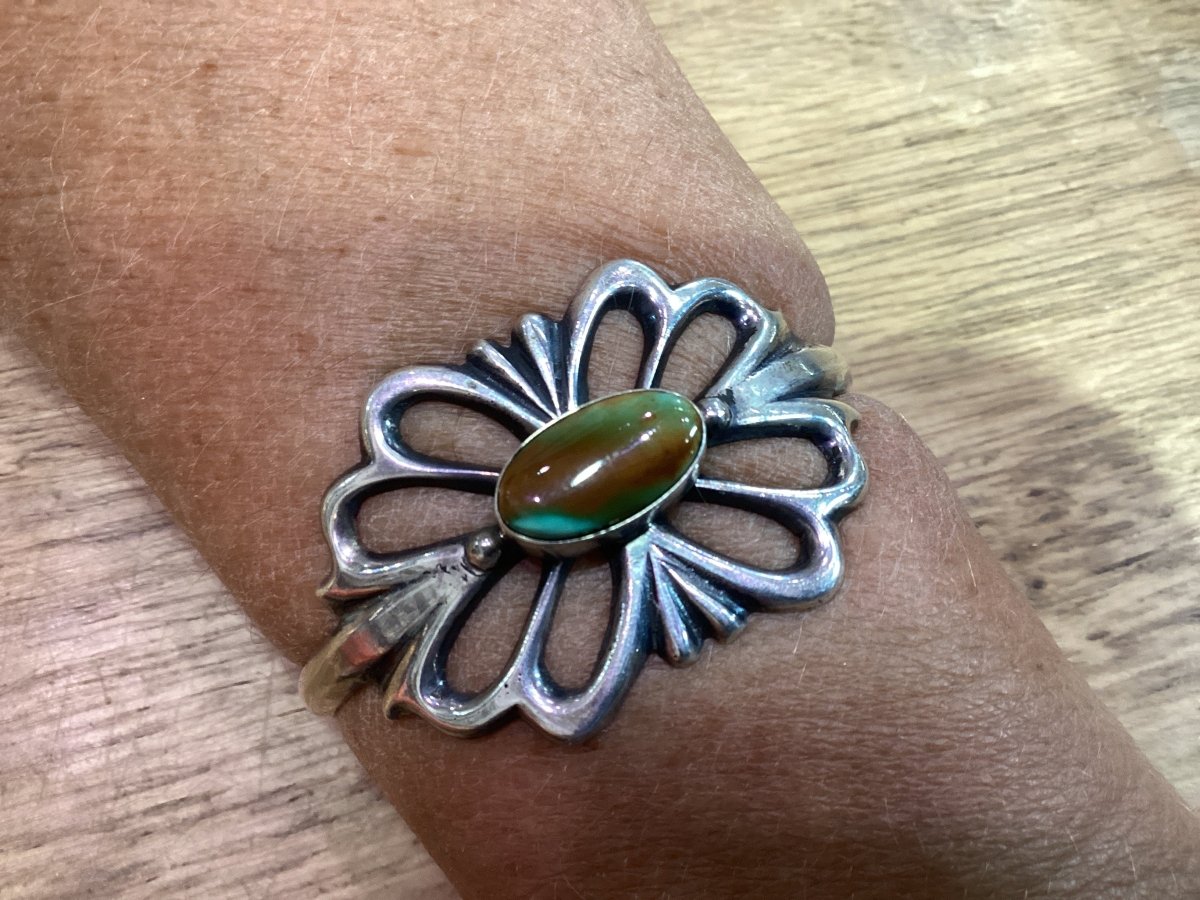 Tufa Cast Cuff With Oval Royston Turquoise center by Emma & Wilson Carviso, Jr - Turquoise Mustang