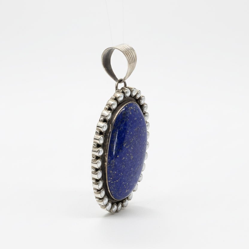 Large Oval Lapis Pendant with 30 Pearl - Style Bezels by Dan Dodson - Turquoise Mustang