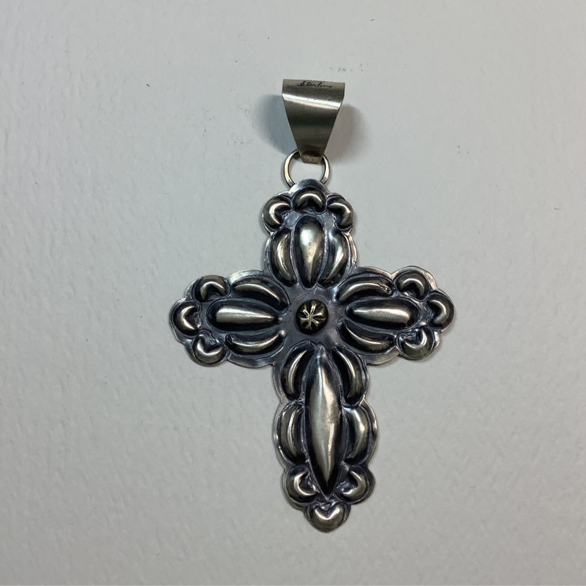 Pendant, Med. Repousse Cross, no stones, T Yazzie - Turquoise Mustang