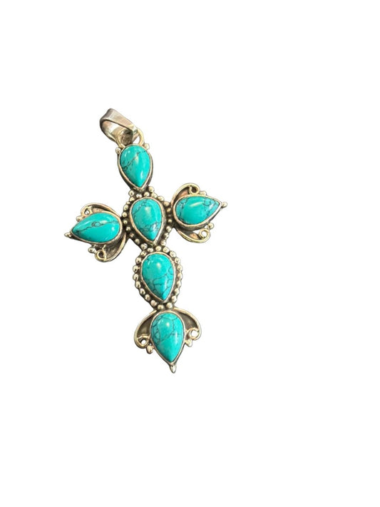 Sterling Silver Turquoise-Colored Cluster Cross Pendant – Decorative Teardrop Design - Turquoise Mustang
