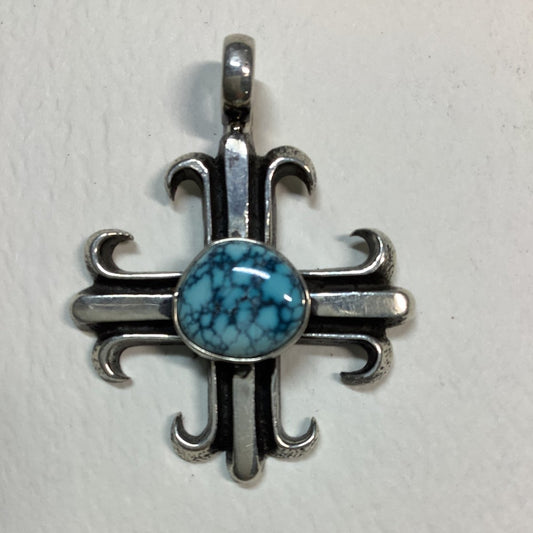 Pendant, Cross Heavy Wire, Oval Golden Hills Tq Cab, Aaron Anderson - Turquoise Mustang