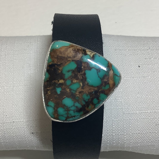 Bracelet, Freeform Blue Spiderweb Turquoise, Black Leather band, Jeff Stahre - Turquoise Mustang