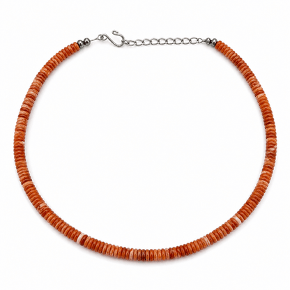 18” Orange Spiny Oyster Rondelle Necklace with Silver Pearl Ends - Turquoise Mustang