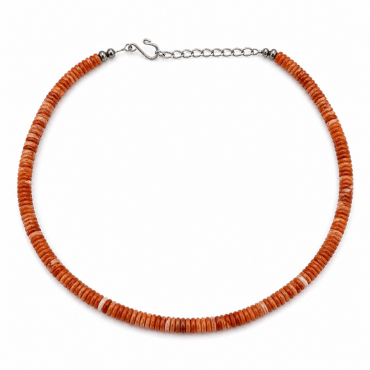 18” Orange Spiny Oyster Rondelle Necklace with Silver Pearl Ends - Turquoise Mustang