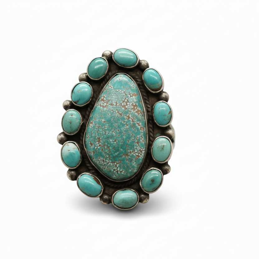 Adjustable Ring, Eleven Stone Cluster Premium Number 8, Peterson Johnson - Turquoise Mustang