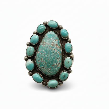 Adjustable Ring, Eleven Stone Cluster Premium Number 8, Peterson Johnson - Turquoise Mustang