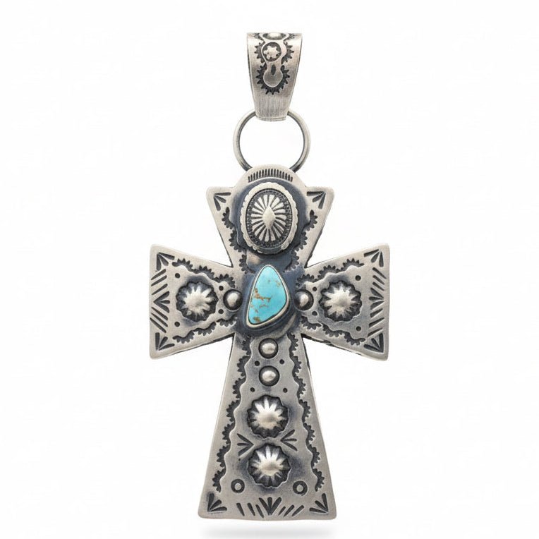 Kingman Turquoise Cross with Heavy Stampwork, Dominique Dixon - Turquoise Mustang