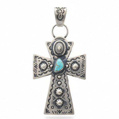 Kingman Turquoise Cross with Heavy Stampwork, Dominique Dixon - Turquoise Mustang
