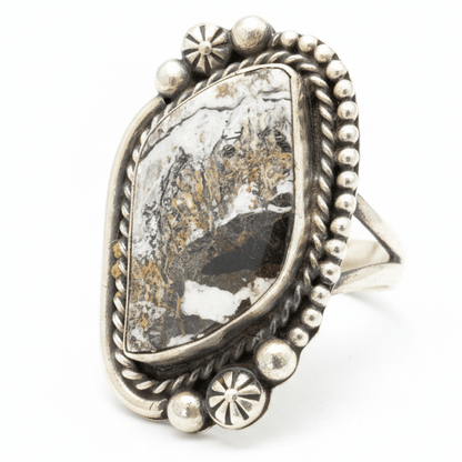 Large Vintage White Buffalo Ring, Size 8.5 Boyd J. Ashley - Turquoise Mustang