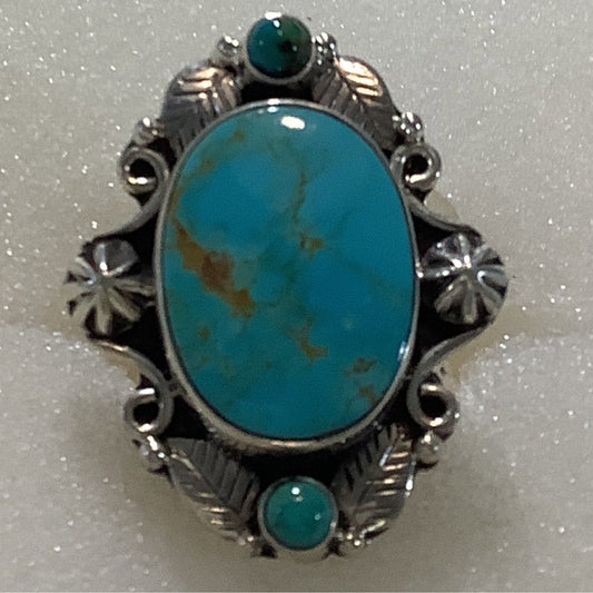 Ring, Turquoise, Oval with 2 rounds North & South,Overlay Bezel, DD - Turquoise Mustang