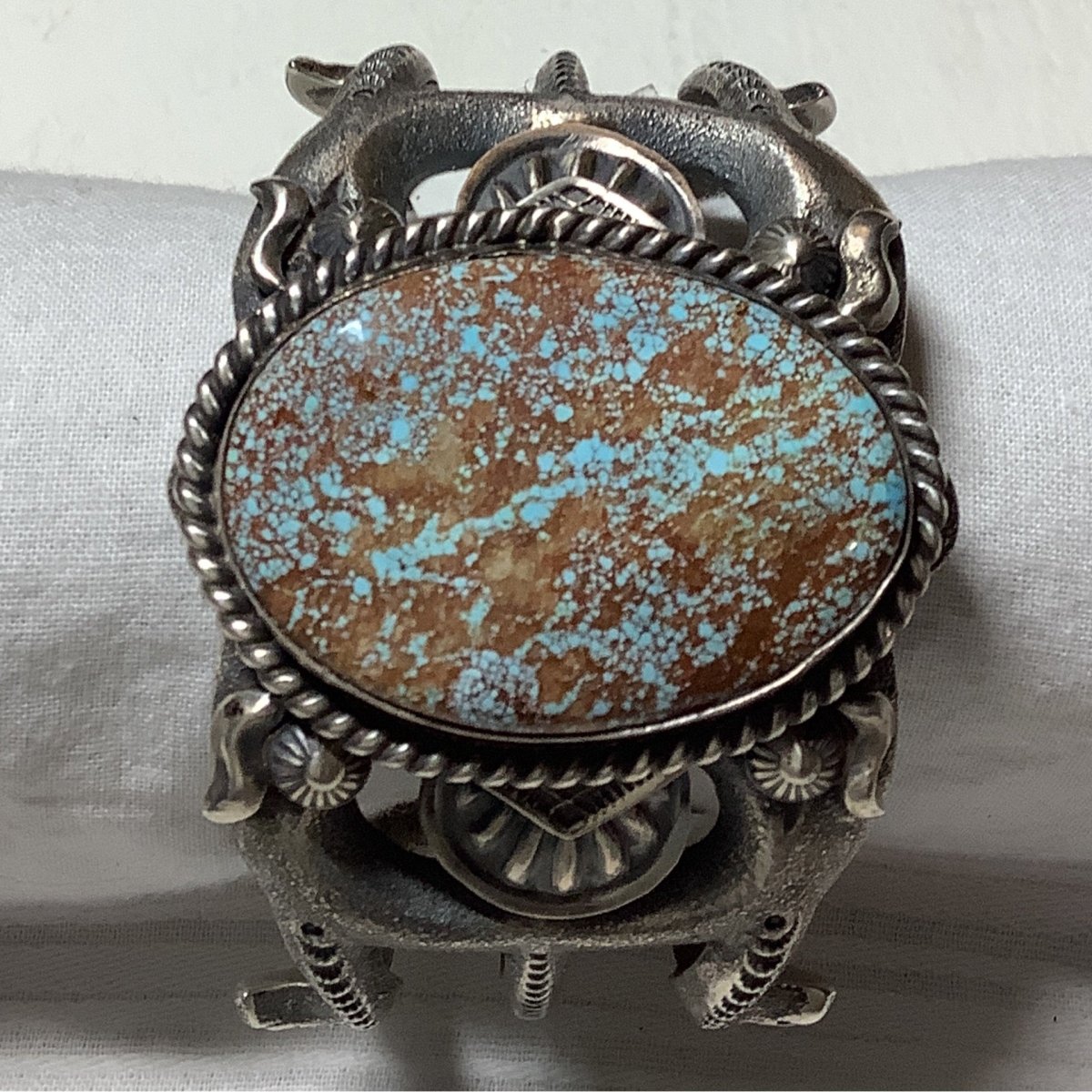 Bracelet, Tufa Cast with Stampwork, Lg. Oval 8, Robert Delgarito - Turquoise Mustang
