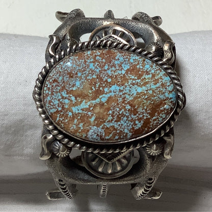 Bracelet, Tufa Cast with Stampwork, Lg. Oval 8, Robert Delgarito - Turquoise Mustang