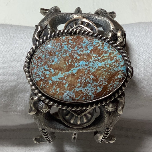 Bracelet, Tufa Cast with Stampwork, Lg. Oval 8, Robert Delgarito - Turquoise Mustang