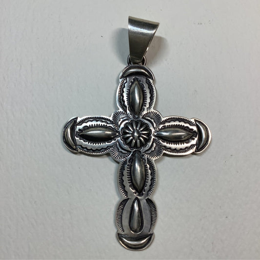 Pendant, Med. Repousse Cross, no stones, Terry Charlie - Turquoise Mustang