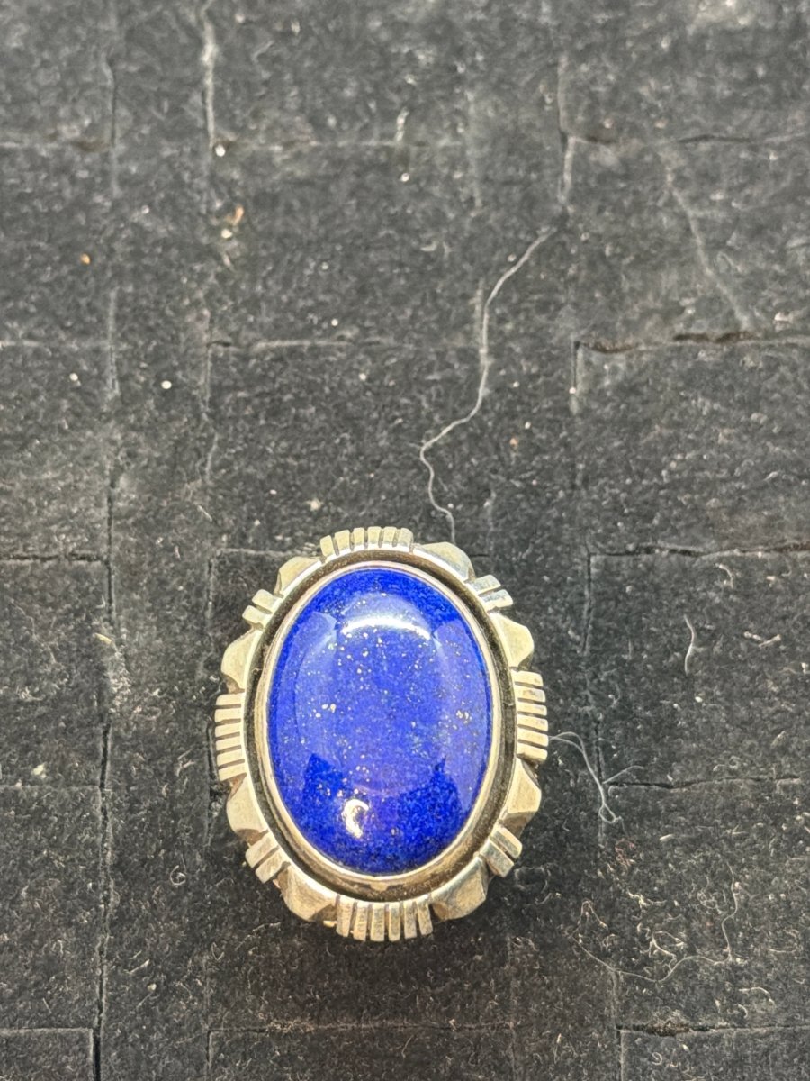 Large Premium Lapis Oval Ring with Filework, Size 7.75 Charley Willie - Turquoise Mustang